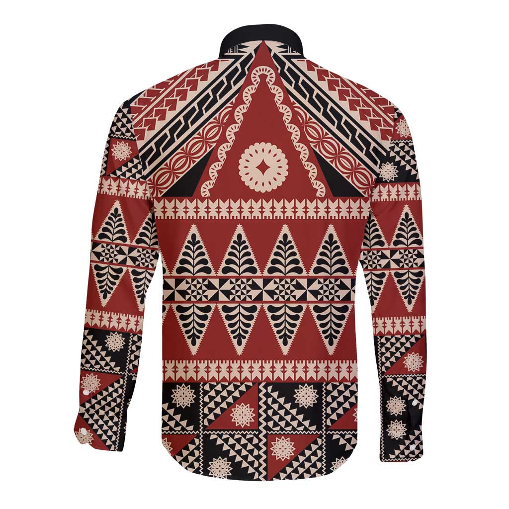 Vintage Bula Fiji Long Sleeve Button Shirt Red Tapa Masi Motif
