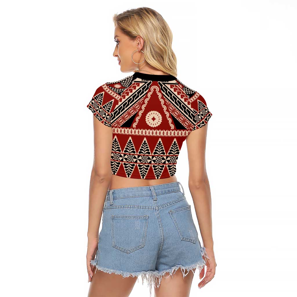 Vintage Bula Fiji Raglan Cropped T Shirt Red Tapa Masi Motif