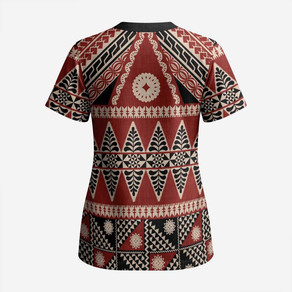 Vintage Bula Fiji Scrub Top Red Tapa Masi Motif - Polynesian Pride