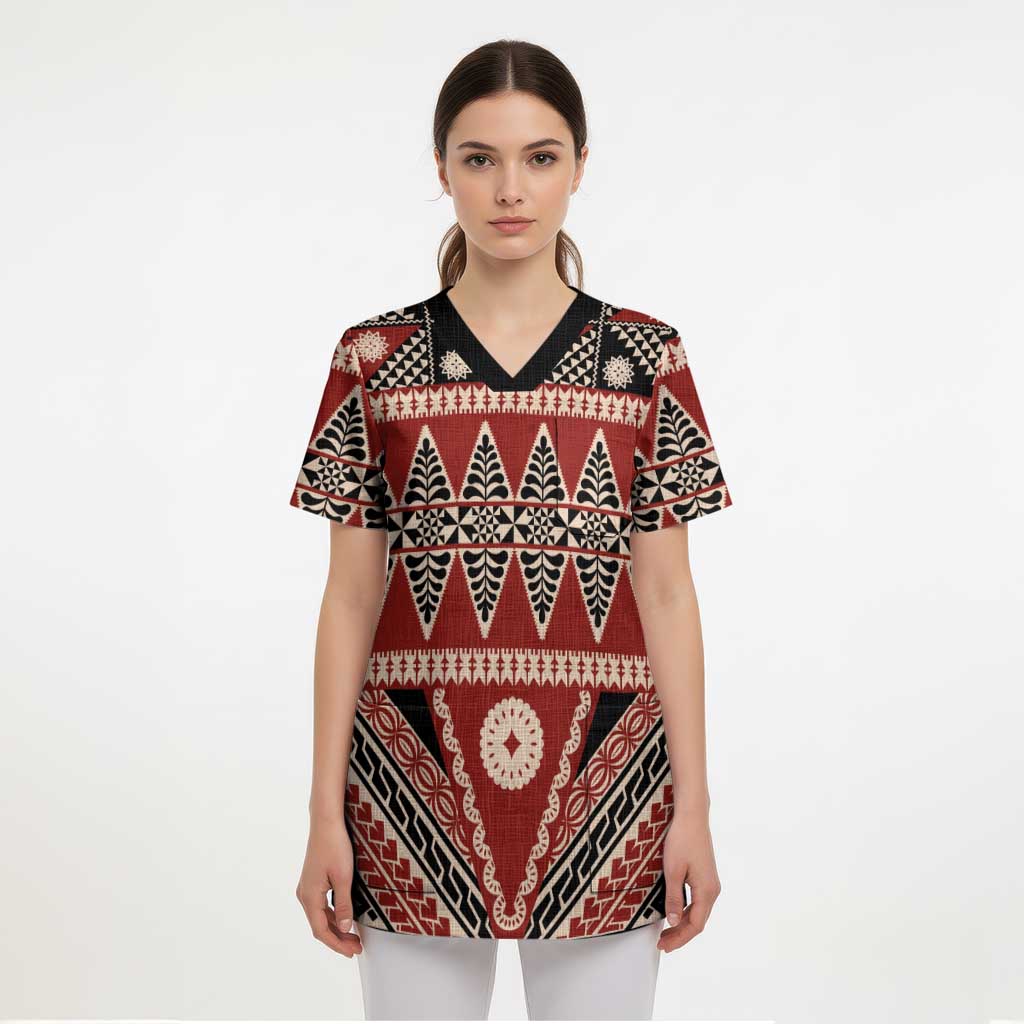 Vintage Bula Fiji Scrub Top Red Tapa Masi Motif - Polynesian Pride