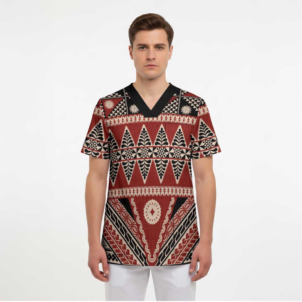 Vintage Bula Fiji Scrub Top Red Tapa Masi Motif - Polynesian Pride