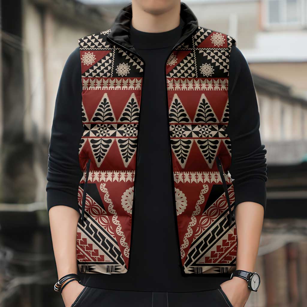 Vintage Bula Fiji Sleeveless Puffer Jacket Red Tapa Masi Motif LT9 - Polynesian Pride