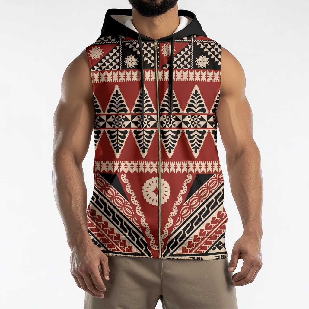 Vintage Bula Fiji Sleeveless Zip Hoodie Red Tapa Masi Motif - Polynesian Pride