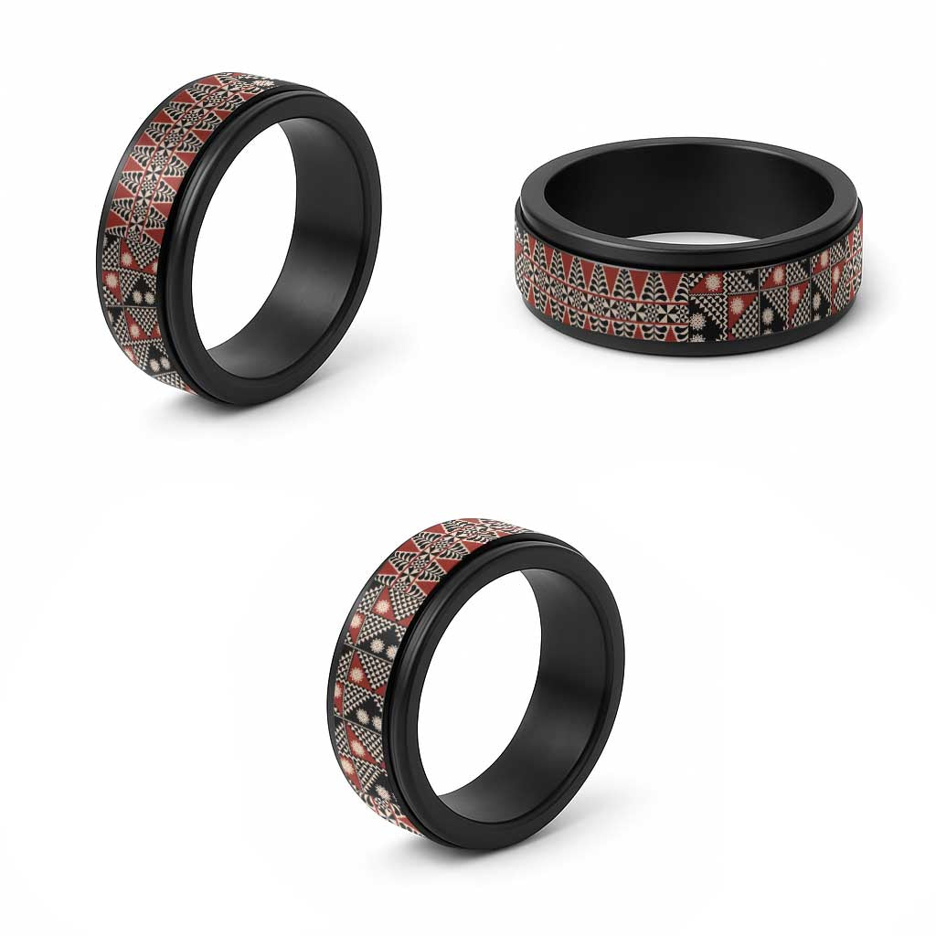 Vintage Bula Fiji Spinner Ring Red Tapa Masi Motif - Polynesian Pride
