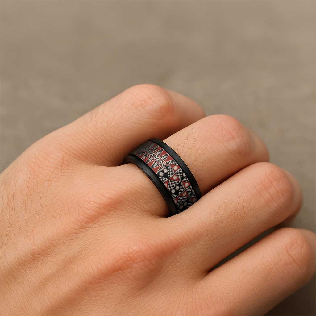 Vintage Bula Fiji Spinner Ring Red Tapa Masi Motif - Polynesian Pride