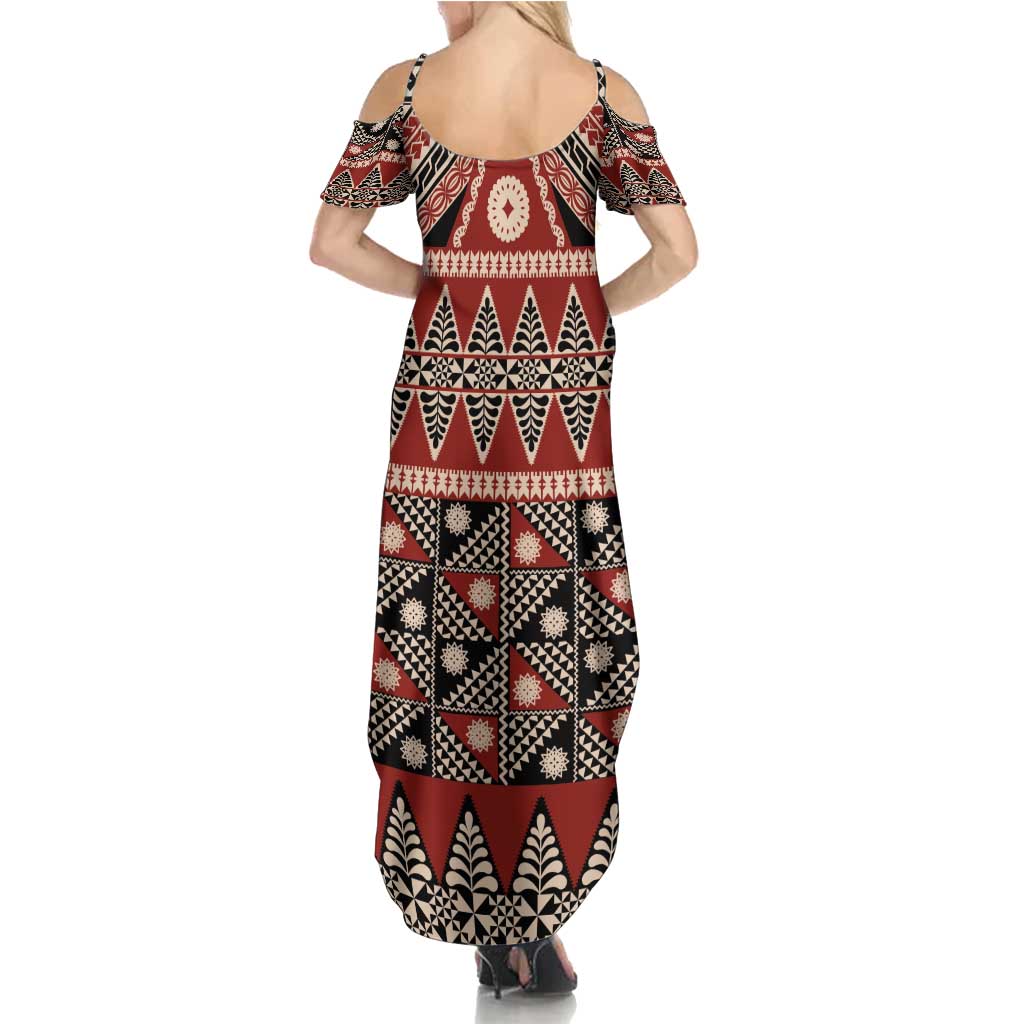 Vintage Bula Fiji Summer Maxi Dress Red Tapa Masi Motif