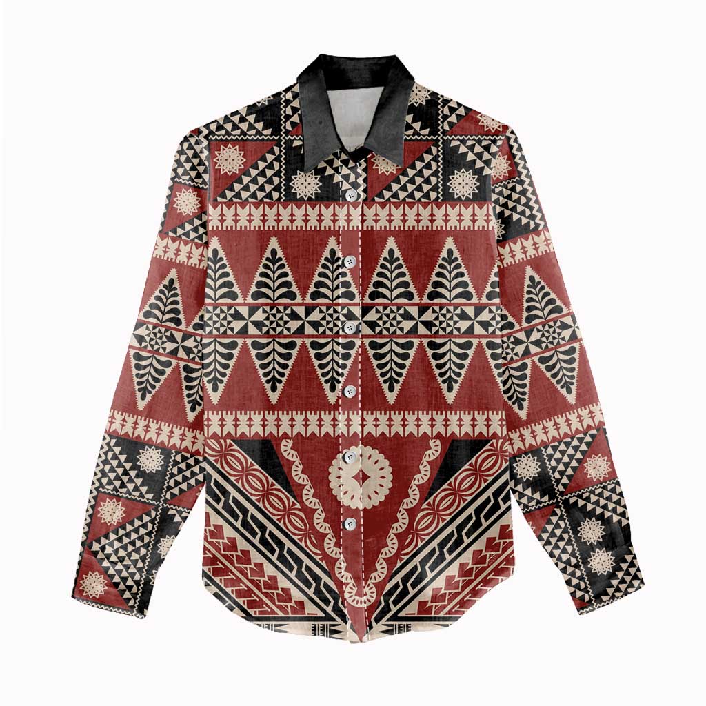 Vintage Bula Fiji Women Casual Shirt Red Tapa Masi Motif