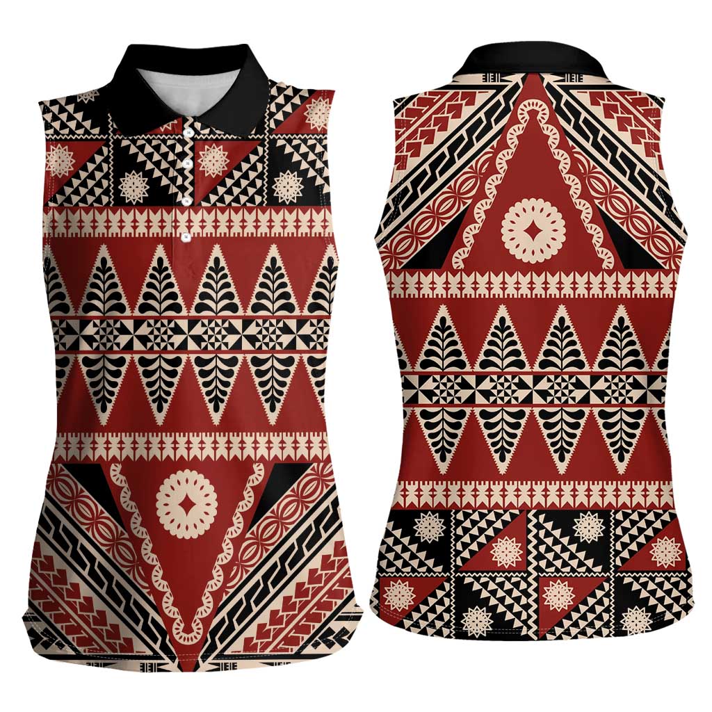 Vintage Bula Fiji Women Sleeveless Polo Shirt Red Tapa Masi Motif