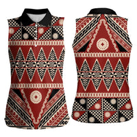 Vintage Bula Fiji Women Sleeveless Polo Shirt Red Tapa Masi Motif