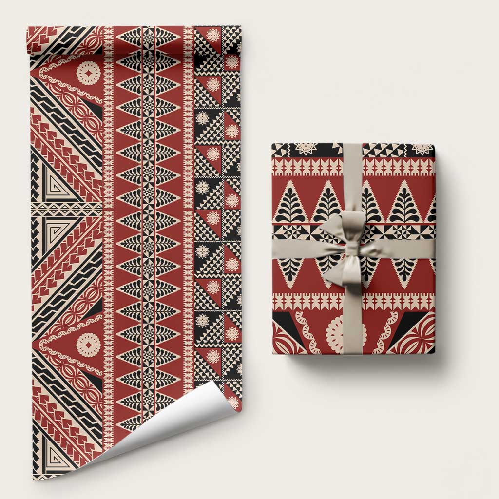 Vintage Bula Fiji Wrapping Paper Red Tapa Masi Motif LT9 58" × 23" Red - Polynesian Pride