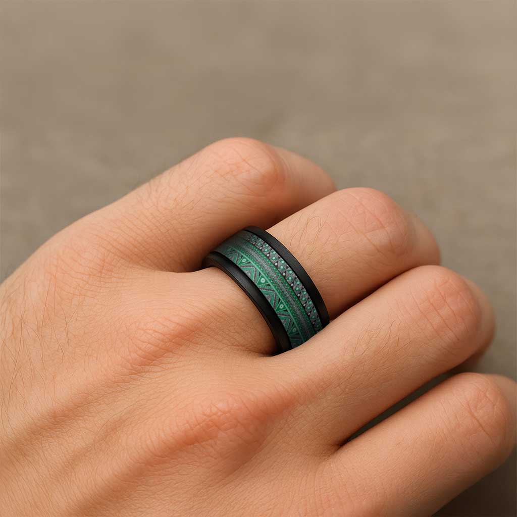 Vintage Bula Fiji Spinner Ring Green Tapa Motif Fiji Masi Tribal - Polynesian Pride