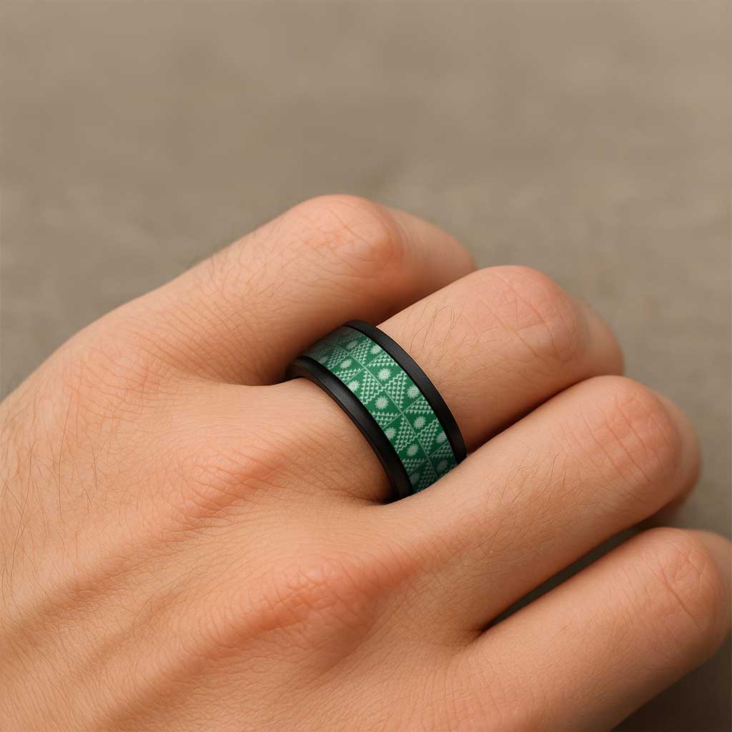 Vintage Bula Fiji Spinner Ring Green Tapa Motif Traditional Island Masi - Polynesian Pride
