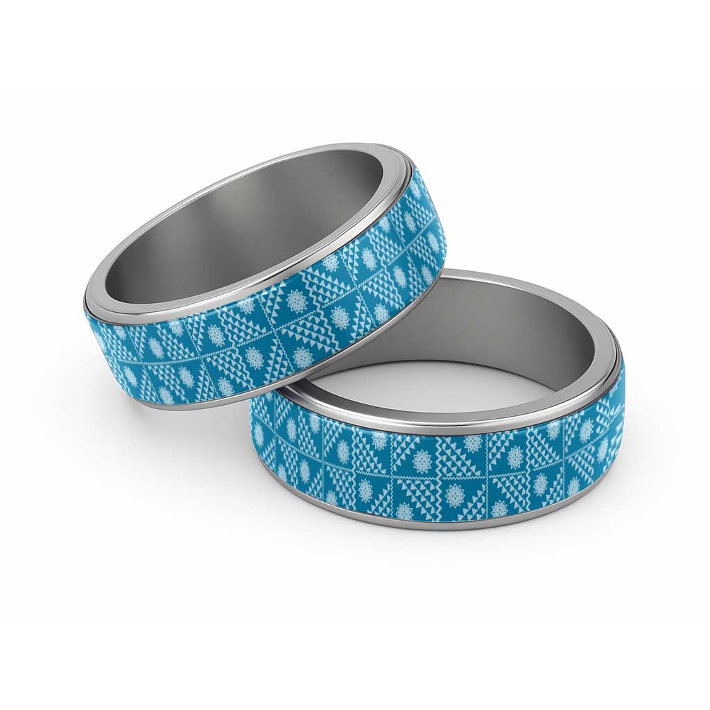Vintage Bula Fiji Classic Ring Blue Tapa Motif Traditional Island Masi - Polynesian Pride
