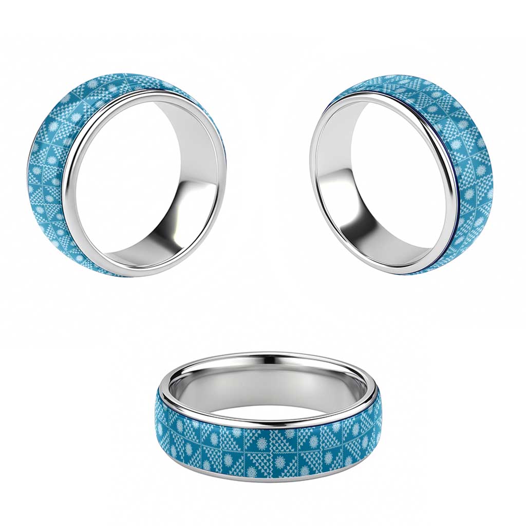 Vintage Bula Fiji Classic Ring Blue Tapa Motif Traditional Island Masi - Polynesian Pride