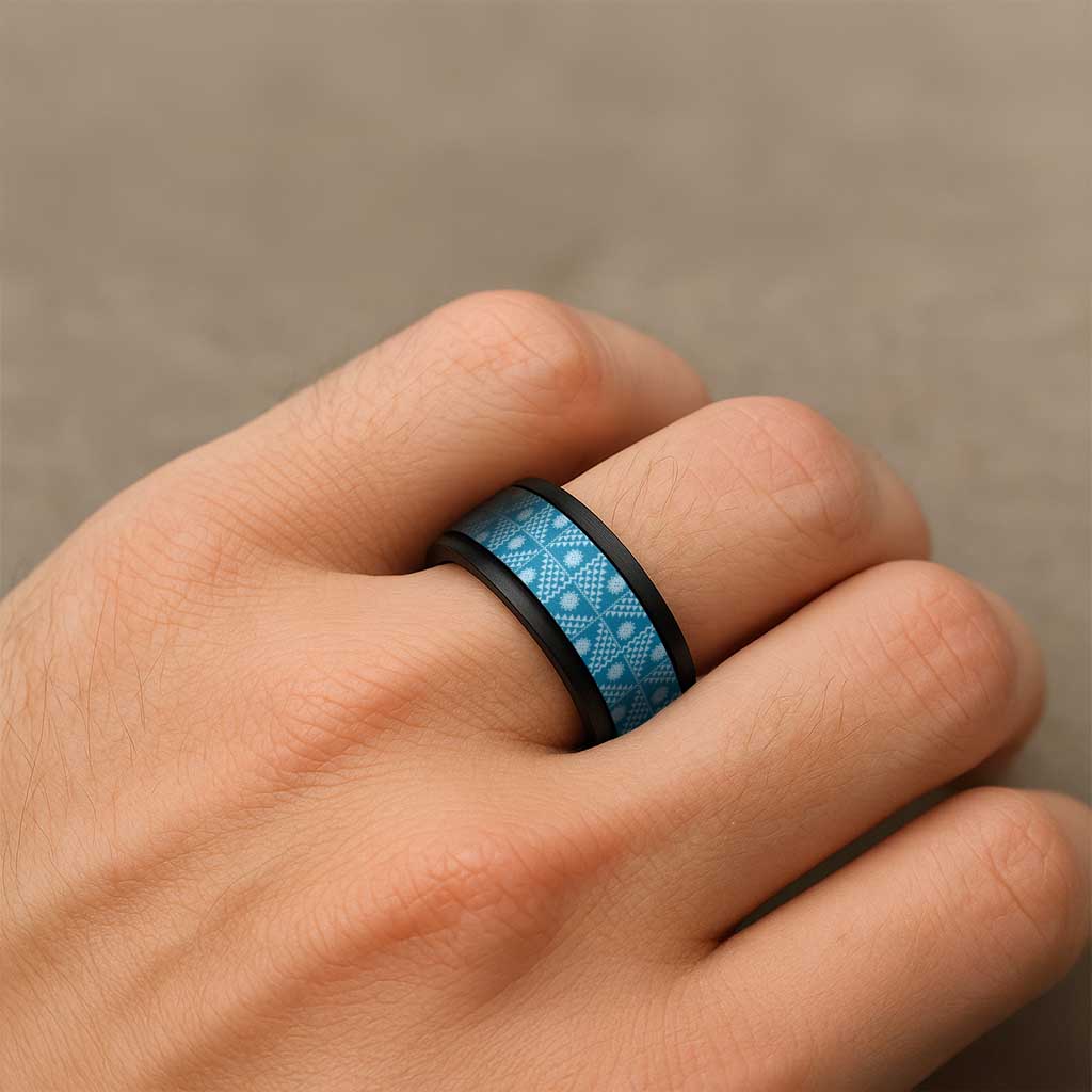 Vintage Bula Fiji Spinner Ring Blue Tapa Motif Traditional Island Masi - Polynesian Pride