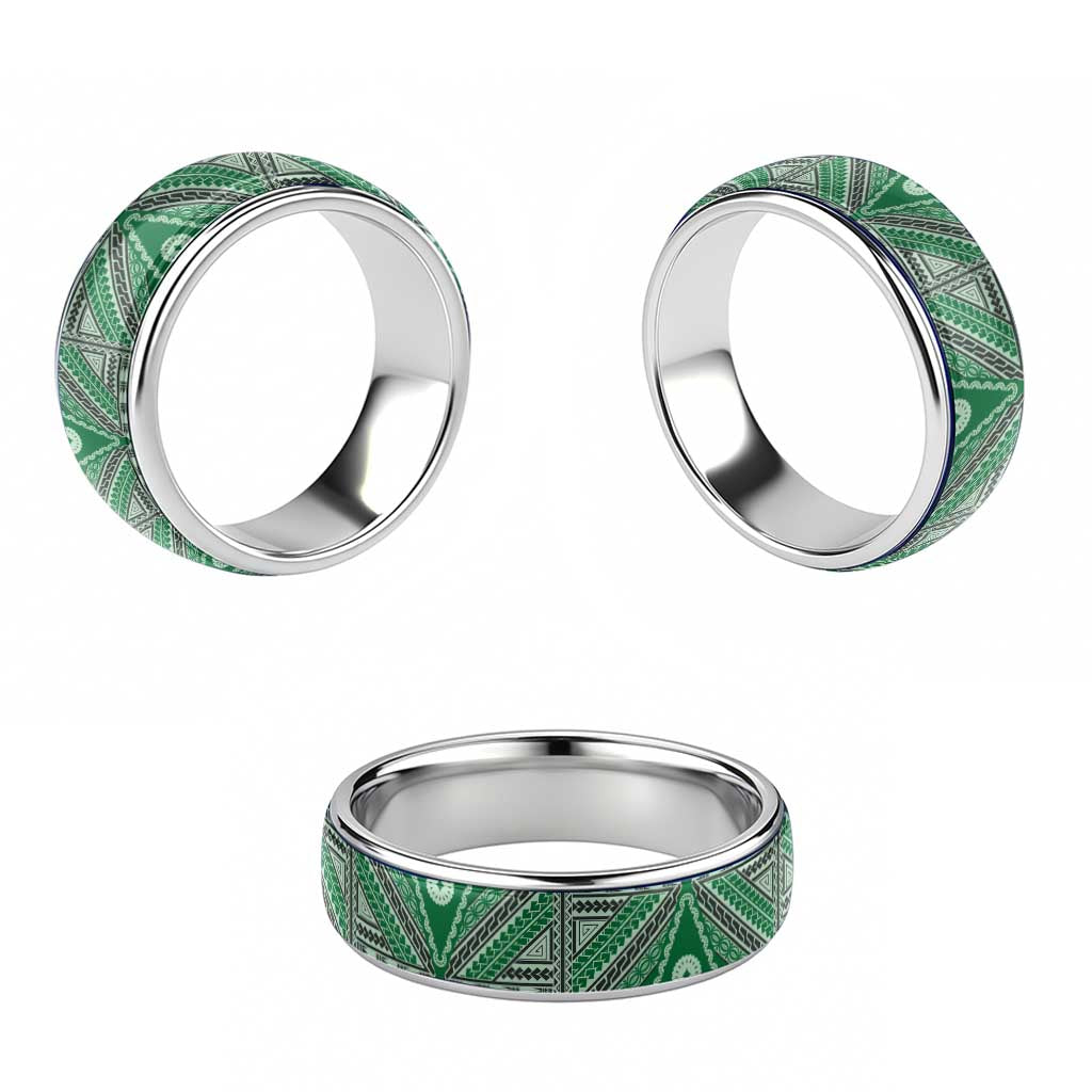Vintage Bula Fiji Classic Ring Green Tapa Motif Fijian Tribal Masi - Polynesian Pride