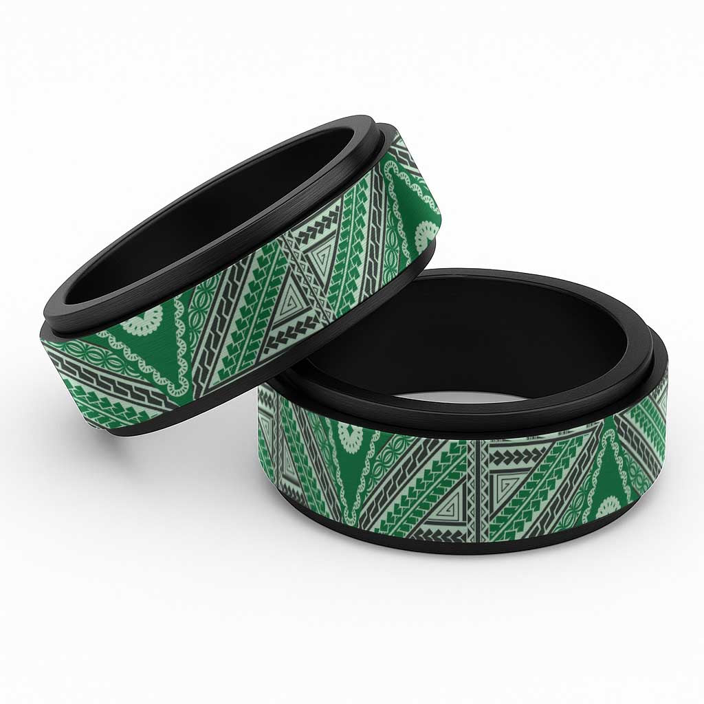 Vintage Bula Fiji Spinner Ring Green Tapa Motif Fijian Tribal Masi - Polynesian Pride