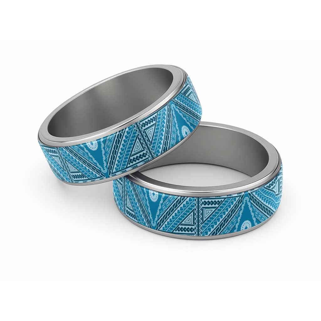 Vintage Bula Fiji Classic Ring Blue Tapa Motif Fijian Tribal Masi - Polynesian Pride