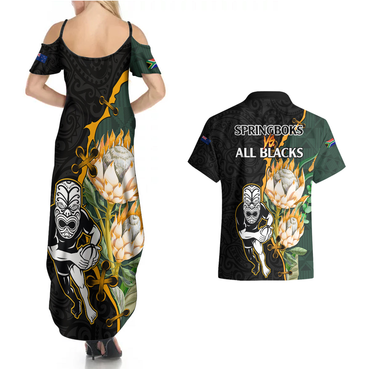 South Africa Protea and New Zealand Couples Matching Summer Maxi Dress and Hawaiian Shirt Go All Black-Springboks Rugby with Kente And Maori LT9 - Polynesian Pride