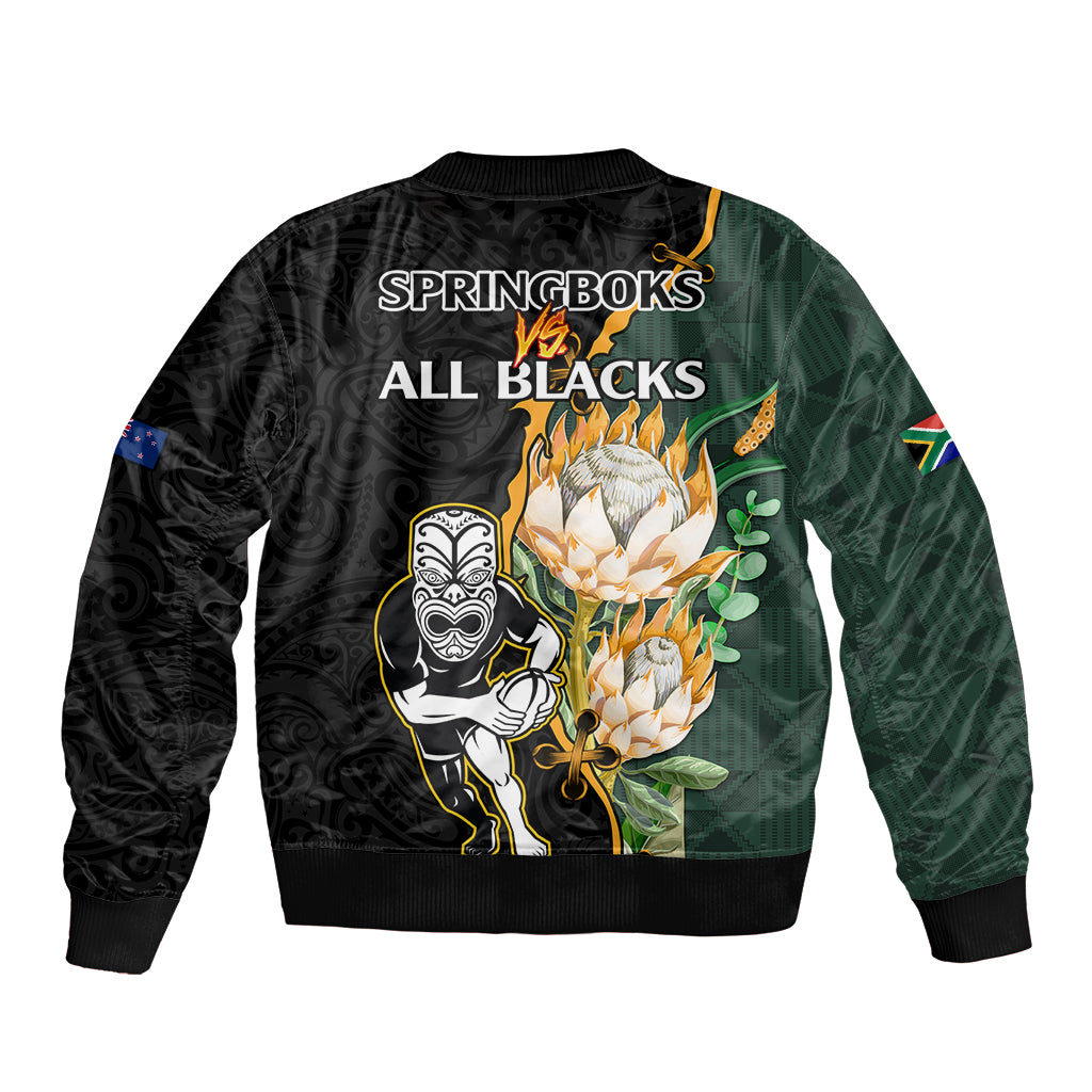 South Africa Protea and New Zealand Sleeve Zip Bomber Jacket Go All Black-Springboks Rugby with Kente And Maori LT9 - Polynesian Pride