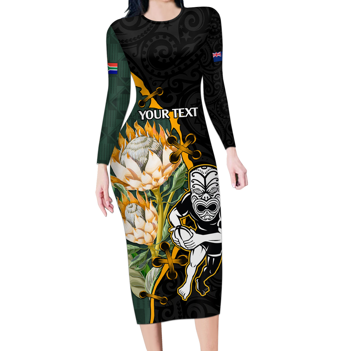 Custom South Africa Protea and New Zealand Long Sleeve Bodycon Dress G