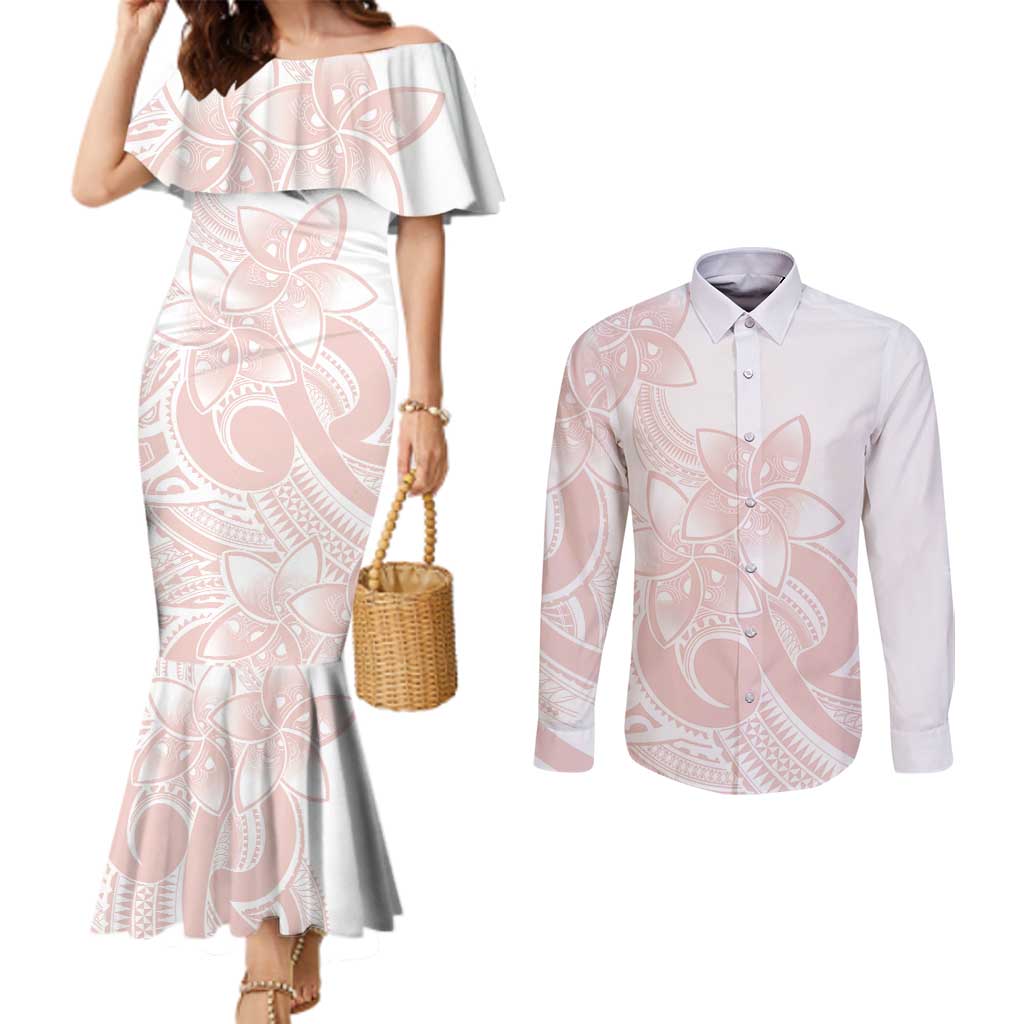 Polynesian Tribal Plumeria Lotu Tamaiti Couples Matching Mermaid Dress and Long Sleeve Button Shirt Pastel Blush - Polynesian Pride