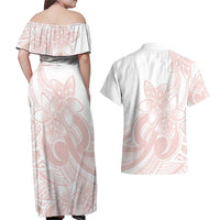 Polynesian Tribal Plumeria Lotu Tamaiti Couples Matching Off Shoulder Maxi Dress and Hawaiian Shirt Pastel Blush - Polynesian Pride