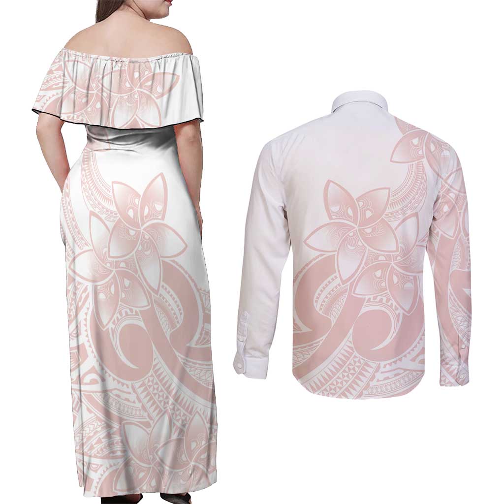 Polynesian Tribal Plumeria Lotu Tamaiti Couples Matching Off Shoulder Maxi Dress and Long Sleeve Button Shirt Pastel Blush - Polynesian Pride