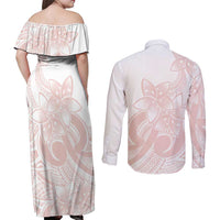 Polynesian Tribal Plumeria Lotu Tamaiti Couples Matching Off Shoulder Maxi Dress and Long Sleeve Button Shirt Pastel Blush - Polynesian Pride