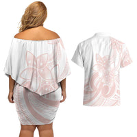 Polynesian Tribal Plumeria Lotu Tamaiti Couples Matching Off Shoulder Short Dress and Hawaiian Shirt Pastel Blush - Polynesian Pride