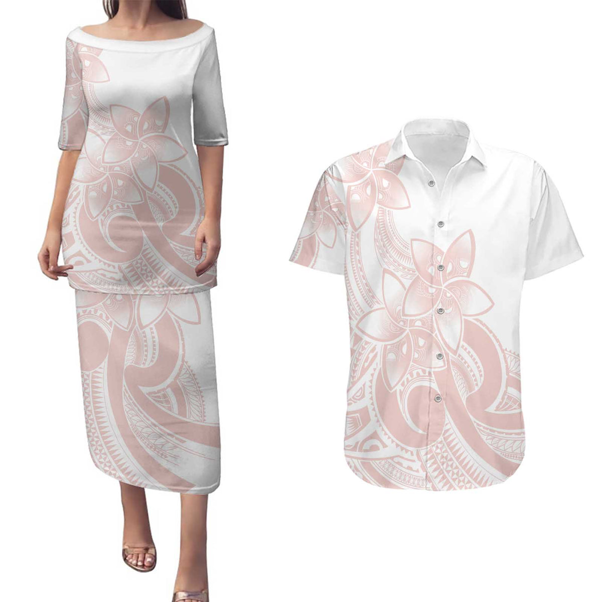 Polynesian Tribal Plumeria Lotu Tamaiti Couples Matching Puletasi and Hawaiian Shirt Pastel Blush - Polynesian Pride