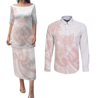 Polynesian Tribal Plumeria Lotu Tamaiti Couples Matching Puletasi and Long Sleeve Button Shirt Pastel Blush - Polynesian Pride
