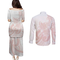 Polynesian Tribal Plumeria Lotu Tamaiti Couples Matching Puletasi and Long Sleeve Button Shirt Pastel Blush - Polynesian Pride