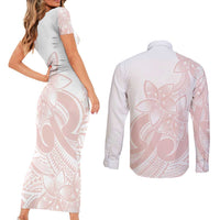 Polynesian Tribal Plumeria Lotu Tamaiti Couples Matching Short Sleeve Bodycon Dress and Long Sleeve Button Shirt Pastel Blush - Polynesian Pride