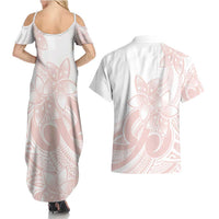 Polynesian Tribal Plumeria Lotu Tamaiti Couples Matching Summer Maxi Dress and Hawaiian Shirt Pastel Blush - Polynesian Pride