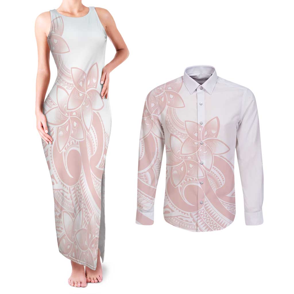 Polynesian Tribal Plumeria Lotu Tamaiti Couples Matching Tank Maxi Dress and Long Sleeve Button Shirt Pastel Blush - Polynesian Pride