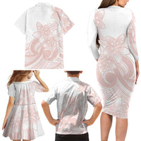 Polynesian Tribal Plumeria Lotu Tamaiti Family Matching Long Sleeve Bodycon Dress and Hawaiian Shirt Pastel Blush - Polynesian Pride