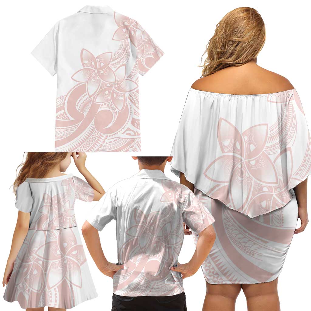 Polynesian Tribal Plumeria Lotu Tamaiti Family Matching Off Shoulder Short Dress and Hawaiian Shirt Pastel Blush - Polynesian Pride