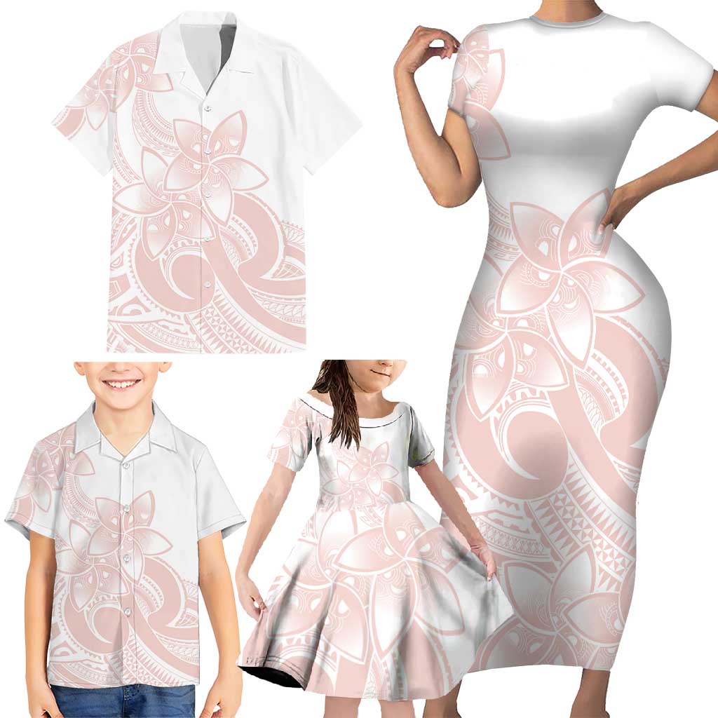 Polynesian Tribal Plumeria Lotu Tamaiti Family Matching Short Sleeve Bodycon Dress and Hawaiian Shirt Pastel Blush - Polynesian Pride