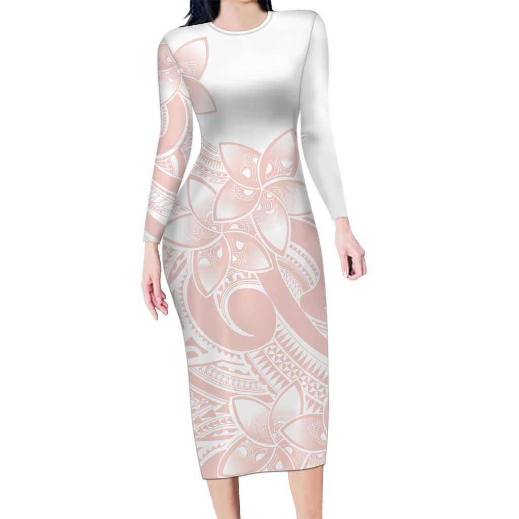 Polynesian Tribal Plumeria Lotu Tamaiti Long Sleeve Bodycon Dress Pastel Blush - Polynesian Pride
