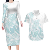Polynesian Tribal Plumeria Lotu Tamaiti Couples Matching Long Sleeve Bodycon Dress and Hawaiian Shirt Pastel Cyan - Polynesian Pride