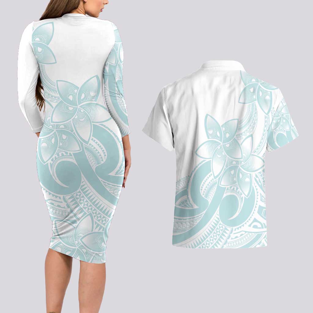 Polynesian Tribal Plumeria Lotu Tamaiti Couples Matching Long Sleeve Bodycon Dress and Hawaiian Shirt Pastel Cyan - Polynesian Pride