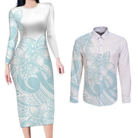 Polynesian Tribal Plumeria Lotu Tamaiti Couples Matching Long Sleeve Bodycon Dress and Long Sleeve Button Shirt Pastel Cyan - Polynesian Pride