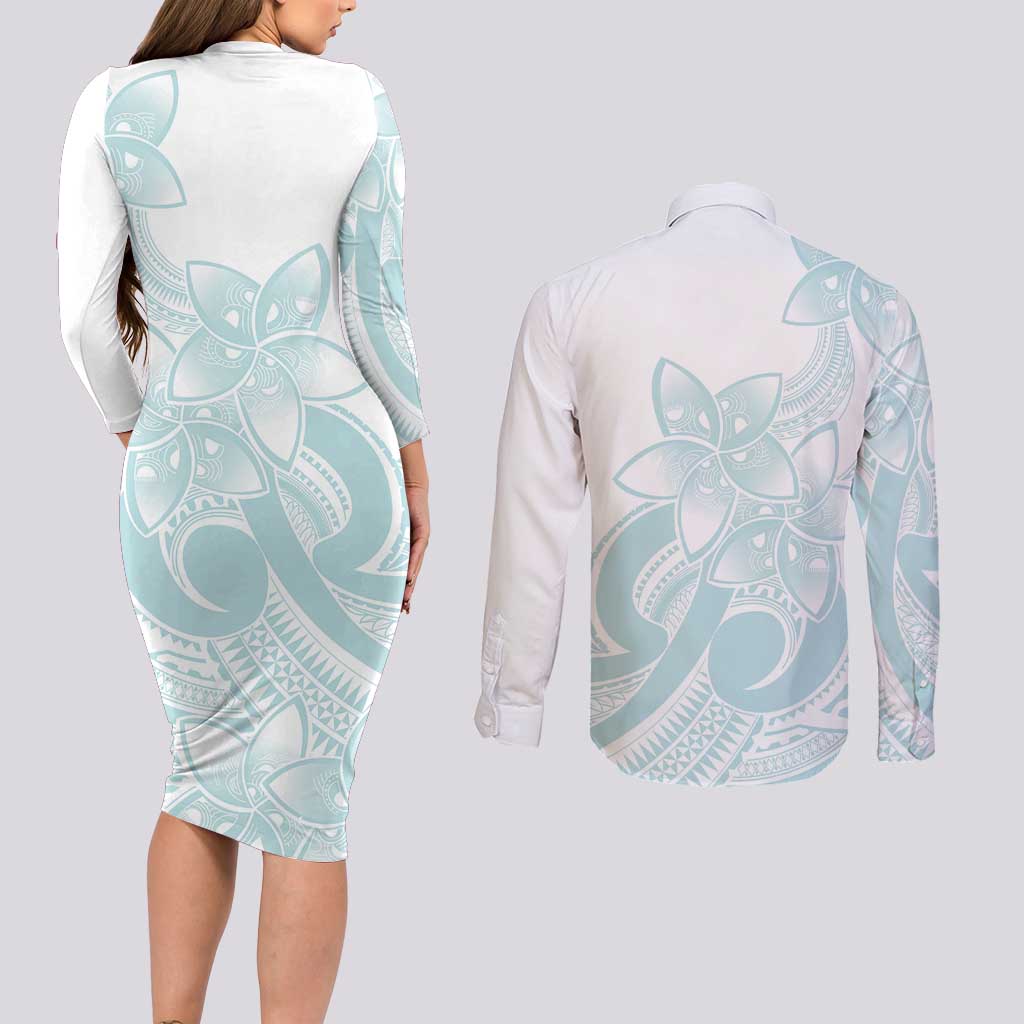 Polynesian Tribal Plumeria Lotu Tamaiti Couples Matching Long Sleeve Bodycon Dress and Long Sleeve Button Shirt Pastel Cyan - Polynesian Pride