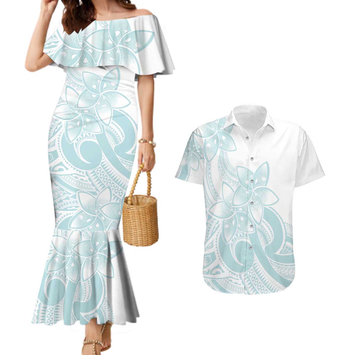 Polynesian Tribal Plumeria Lotu Tamaiti Couples Matching Mermaid Dress and Hawaiian Shirt Pastel Cyan - Polynesian Pride