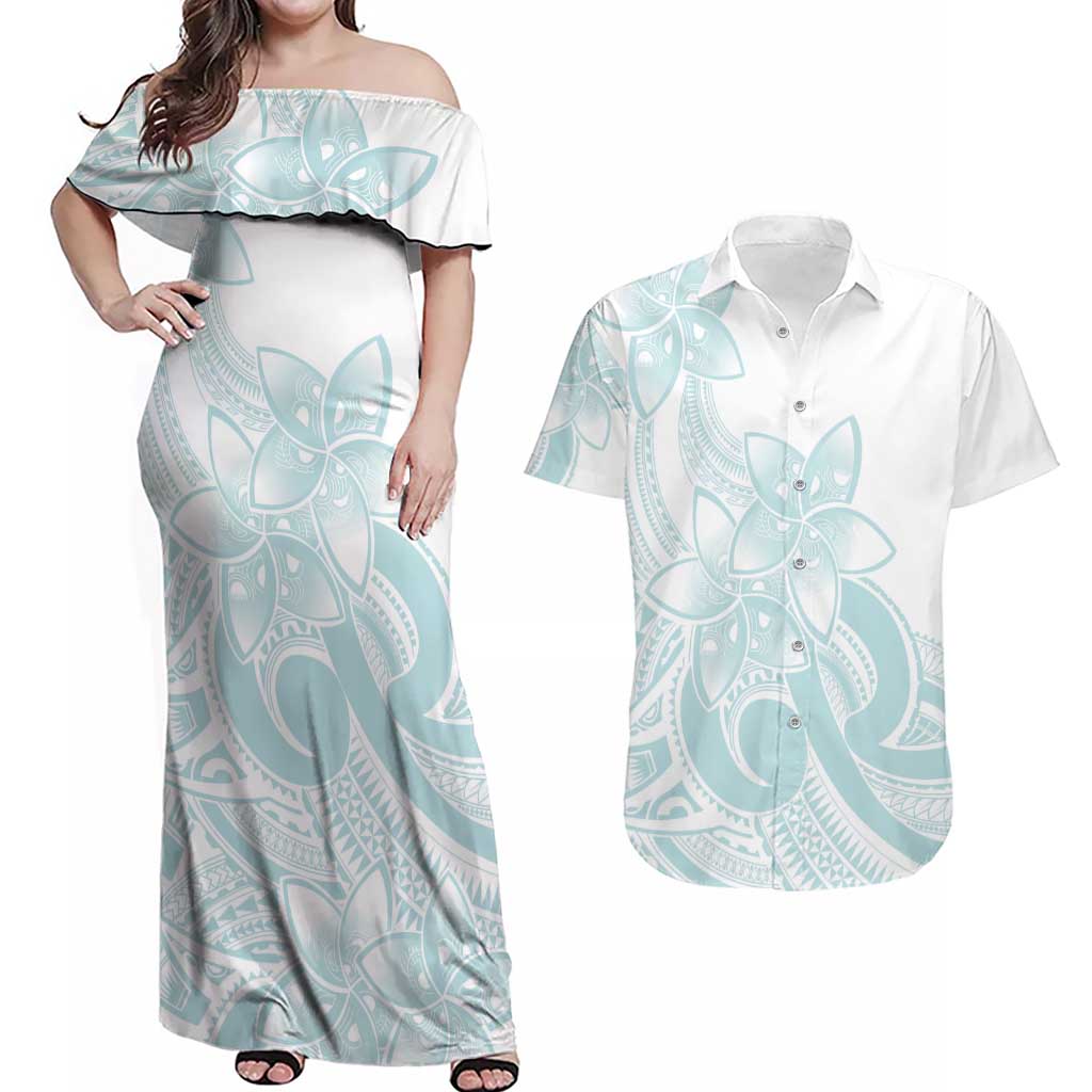 Polynesian Tribal Plumeria Lotu Tamaiti Couples Matching Off Shoulder Maxi Dress and Hawaiian Shirt Pastel Cyan - Polynesian Pride