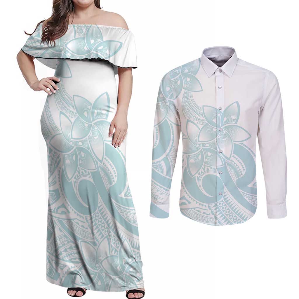 Polynesian Tribal Plumeria Lotu Tamaiti Couples Matching Off Shoulder Maxi Dress and Long Sleeve Button Shirt Pastel Cyan - Polynesian Pride