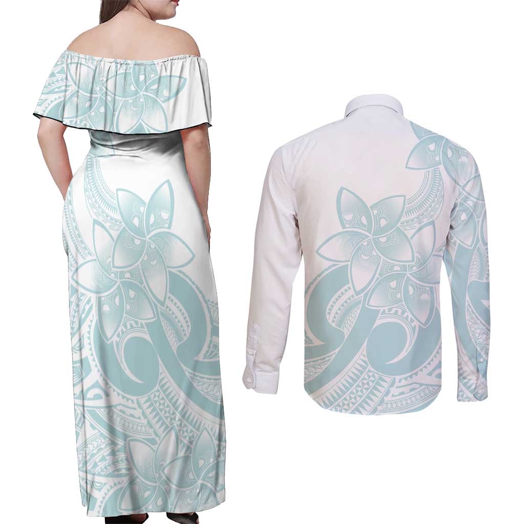Polynesian Tribal Plumeria Lotu Tamaiti Couples Matching Off Shoulder Maxi Dress and Long Sleeve Button Shirt Pastel Cyan - Polynesian Pride