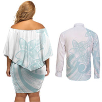 Polynesian Tribal Plumeria Lotu Tamaiti Couples Matching Off Shoulder Short Dress and Long Sleeve Button Shirt Pastel Cyan - Polynesian Pride