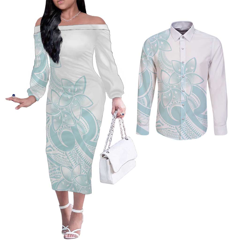 Polynesian Tribal Plumeria Lotu Tamaiti Couples Matching Off The Shoulder Long Sleeve Dress and Long Sleeve Button Shirt Pastel Cyan - Polynesian Pride